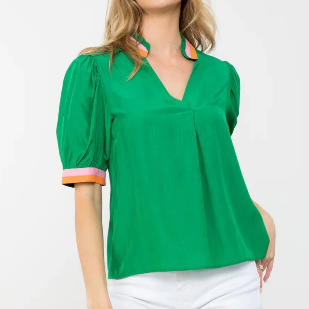 THML Anthropologie Sz XL Green V-Neck Blouse with Pink and Orange Trim